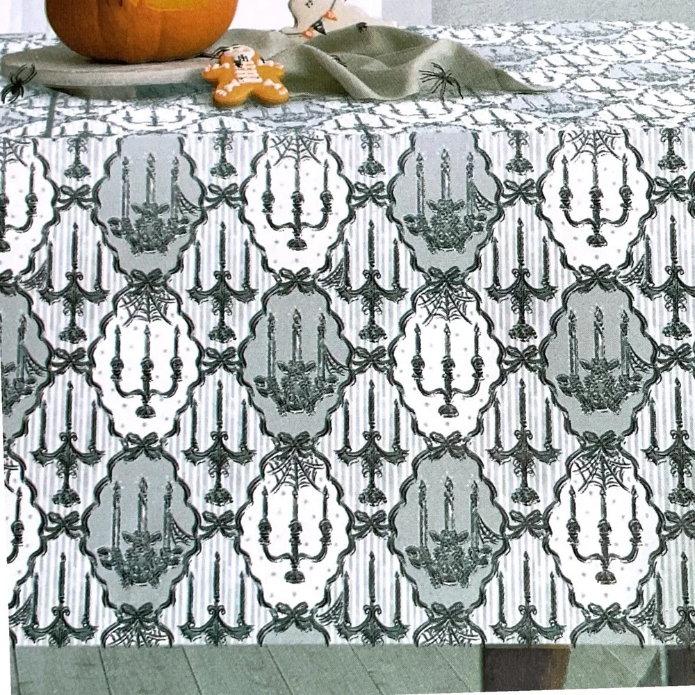 Madame Bones Halloween Tablecloth 60x120 Oblong Cotton Skull Candelabra Grey
